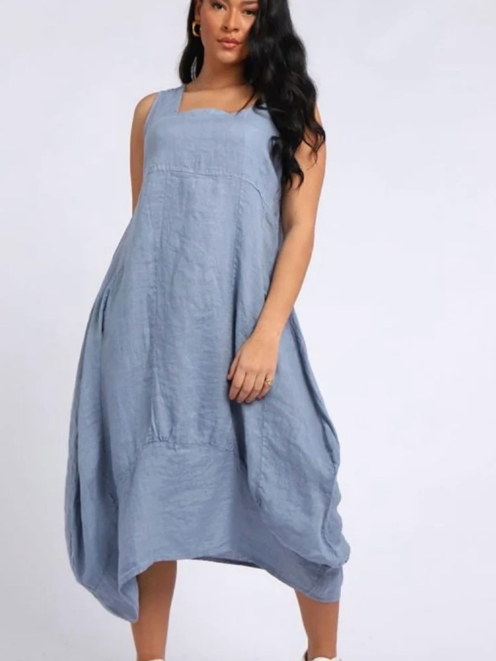 Sleeveless Light Blue Linen Midi Dress - Casual Relaxed Fit